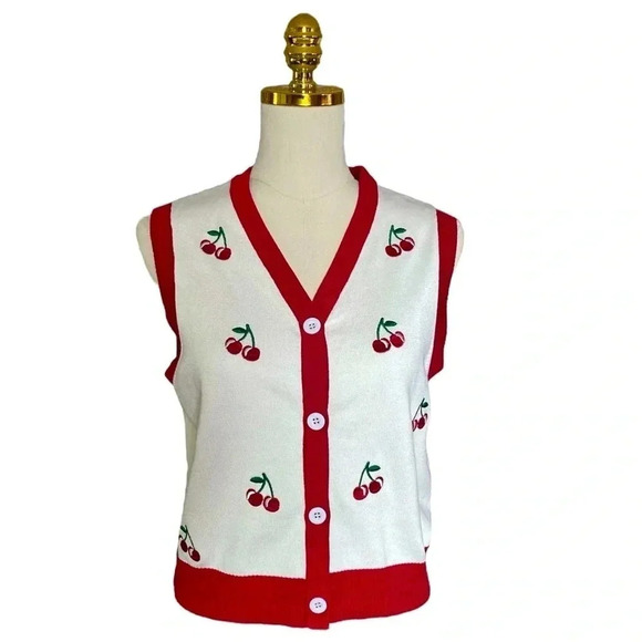 Belle Poque Jackets & Blazers - BELLE POQUE Women's White Cherry Coded Embroidered Crop Knit Sweater Vest Size M